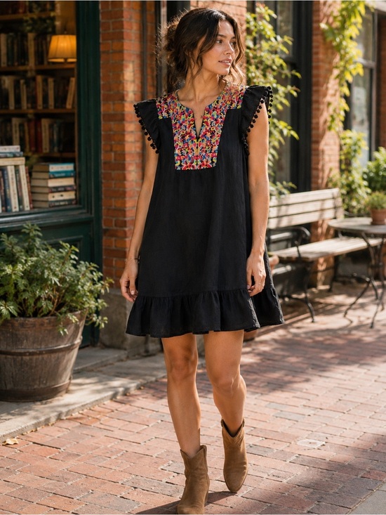 kirundo Dresses & Skirts - Kirundo Black Floral Embroidered Boho Mini Shift Dress M Pom Pom